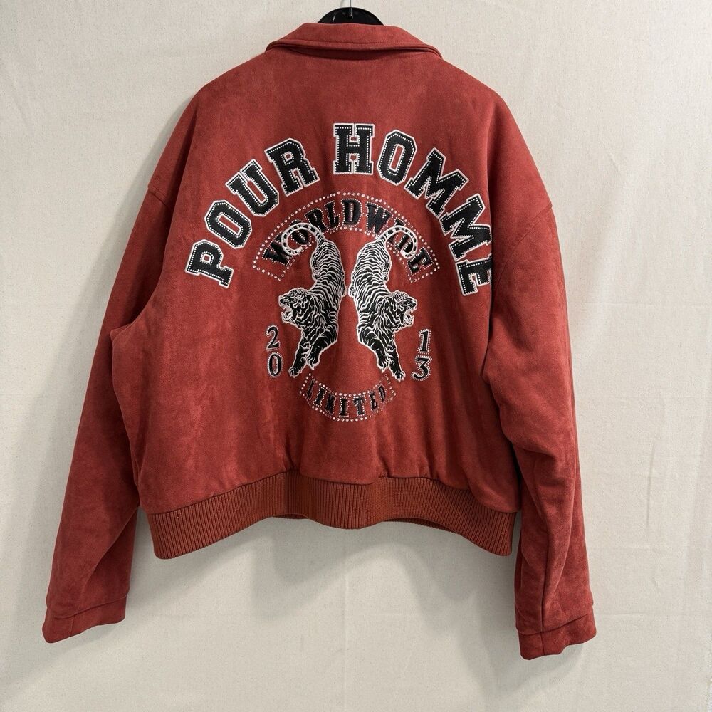 BoohooMAN Boxy Faux Suede Embroidered Varsity Jacket Size Large Men